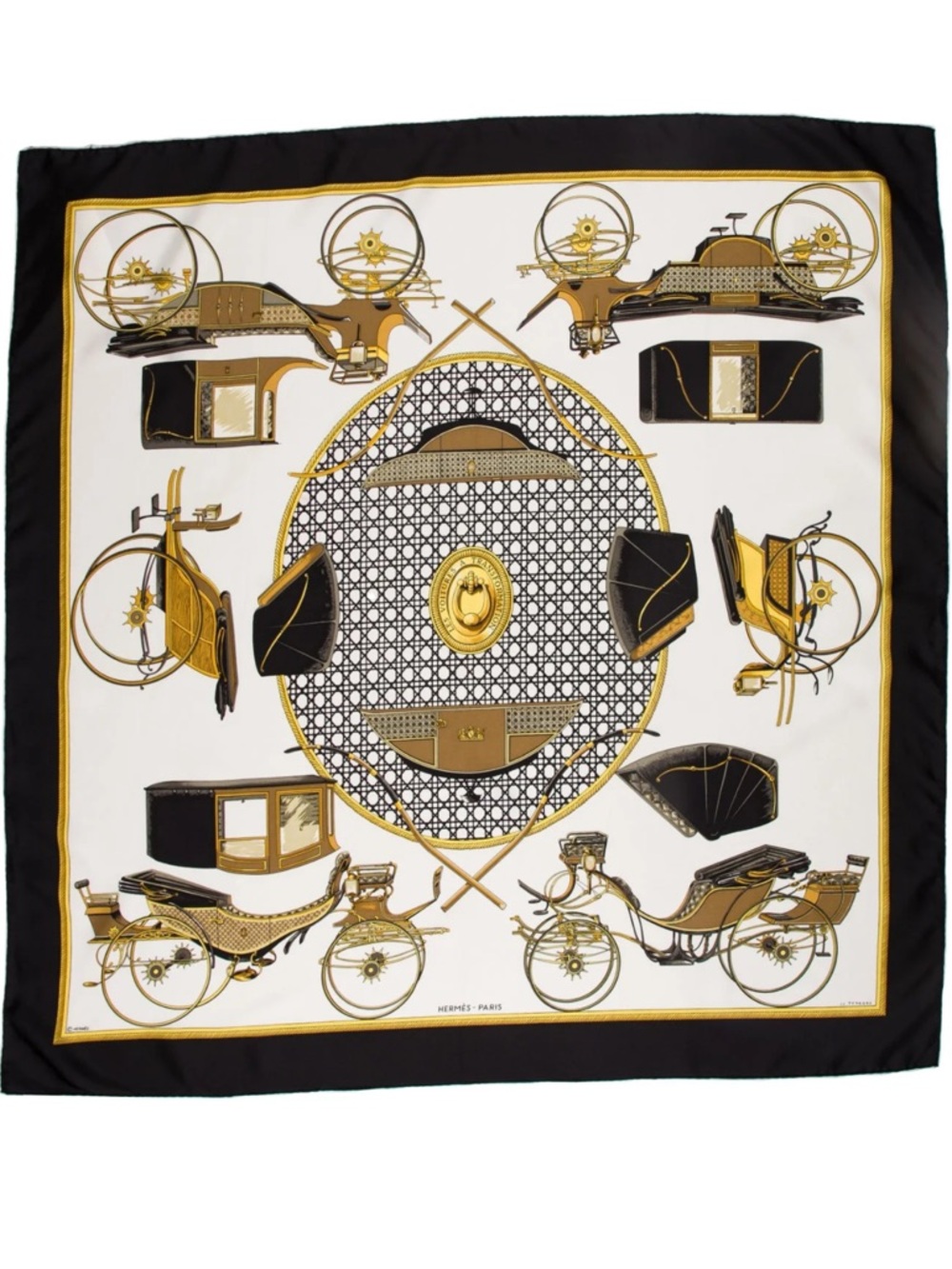Hermes silk scarf Carre 90 Les Voitures A Transformation black trim